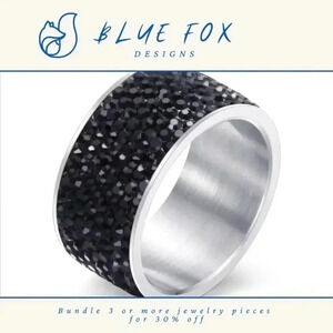 *NEW* Stainless Steel Ring with Black Cubic Zirconia Wide Band  - Size 8